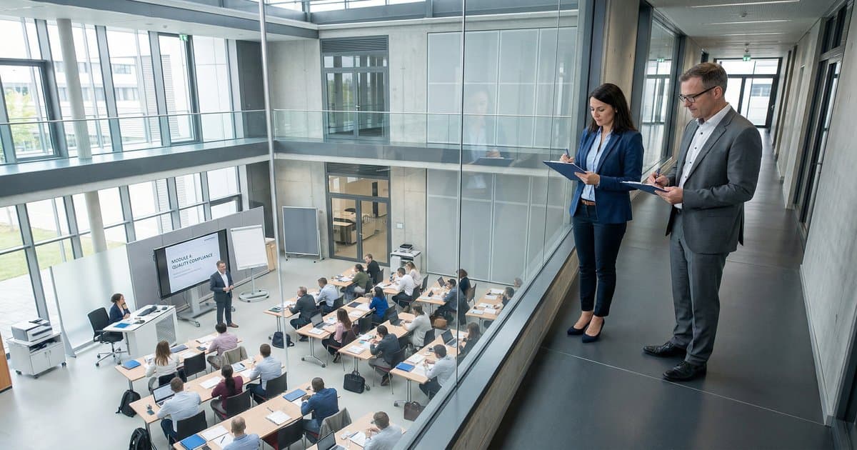 Assessors with clipboards observing a training session through a glass window in a modern facility