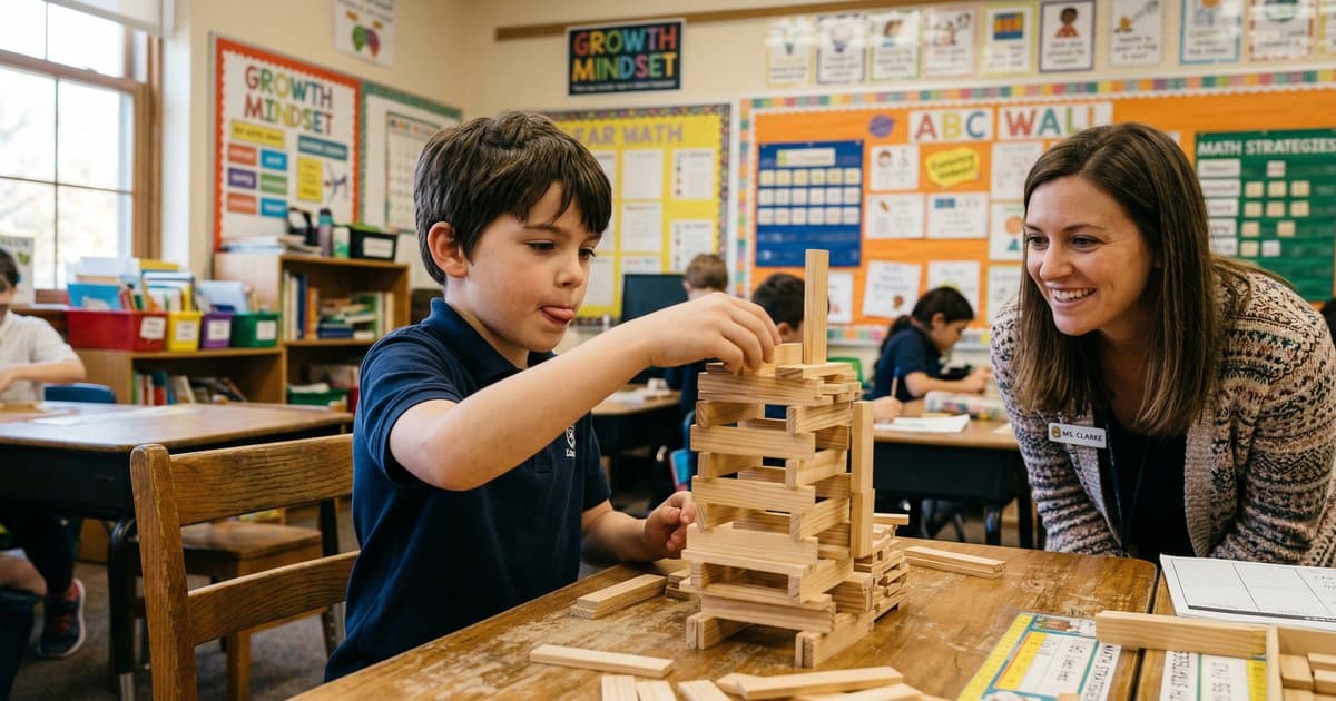 A young student concentrating on building a structure with wooden blocks while a teacher observes encouragingly