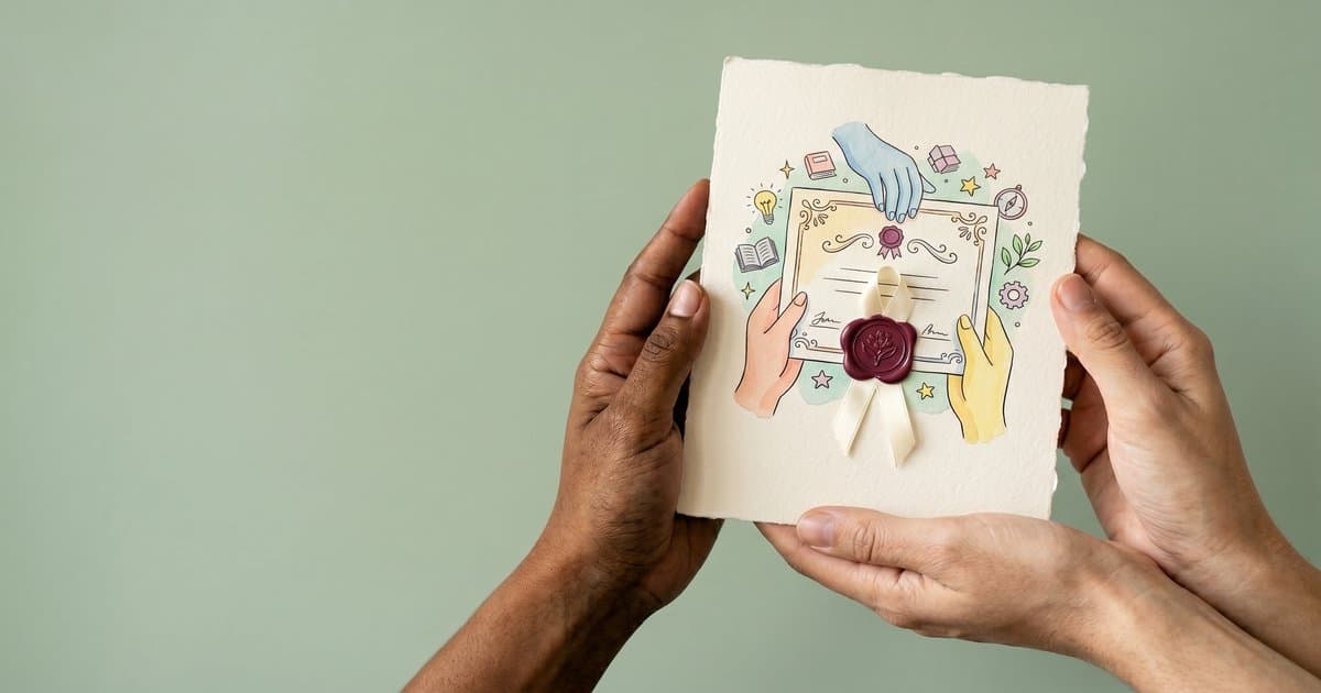 Hands holding an illustrated certified training certificate