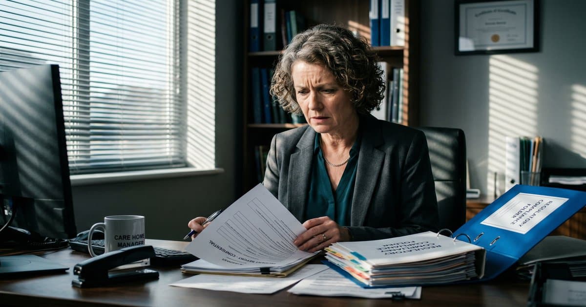 A care home manager reviewing an incident report with compliance documents at a desk