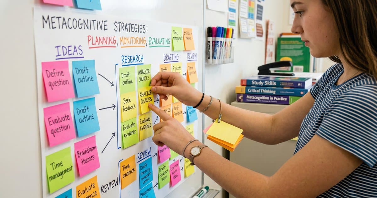A student using colourful sticky notes and a visual planner on a classroom wall to organise their thoughts