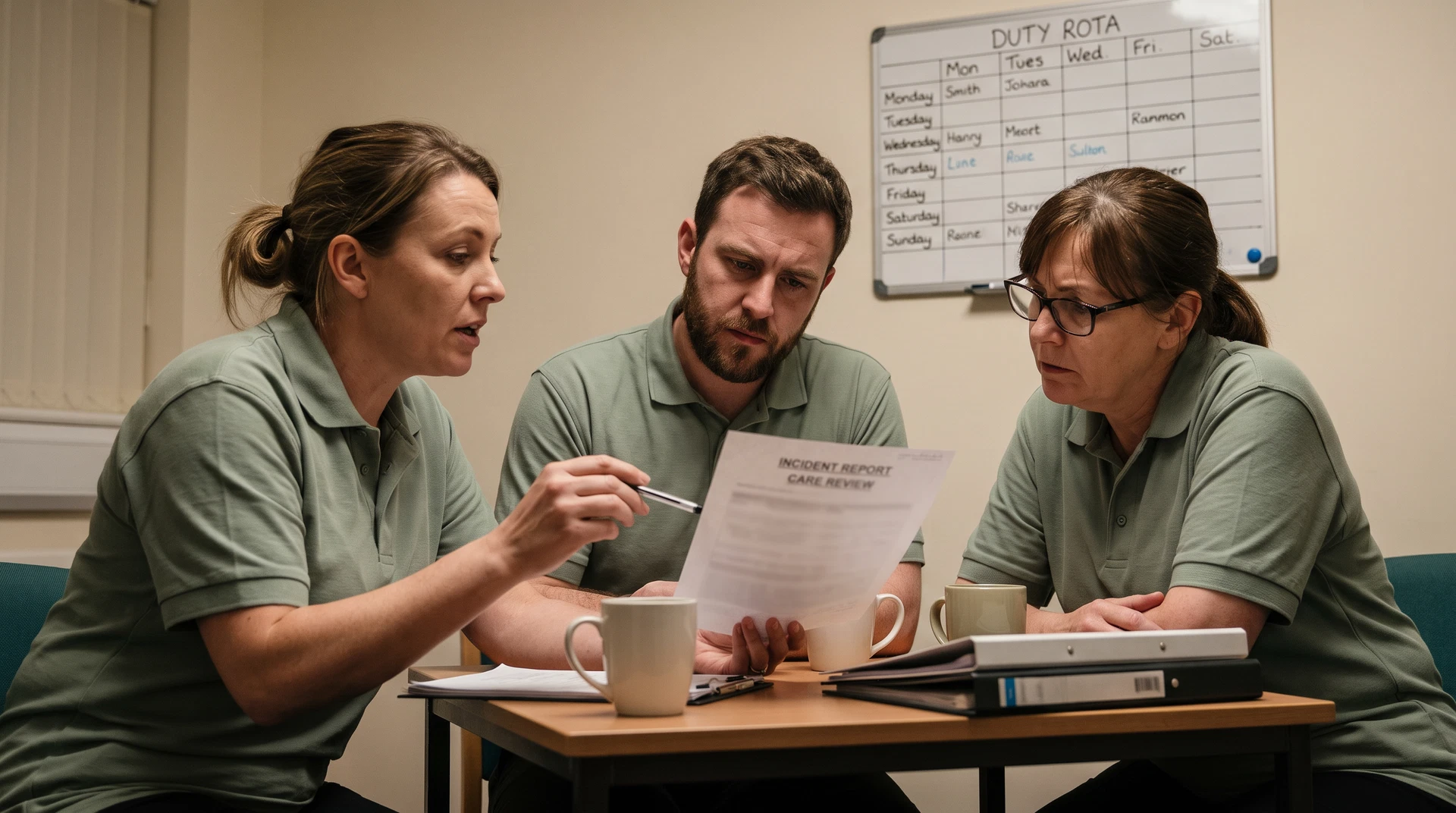 Care team members in an in-depth conversation over a report