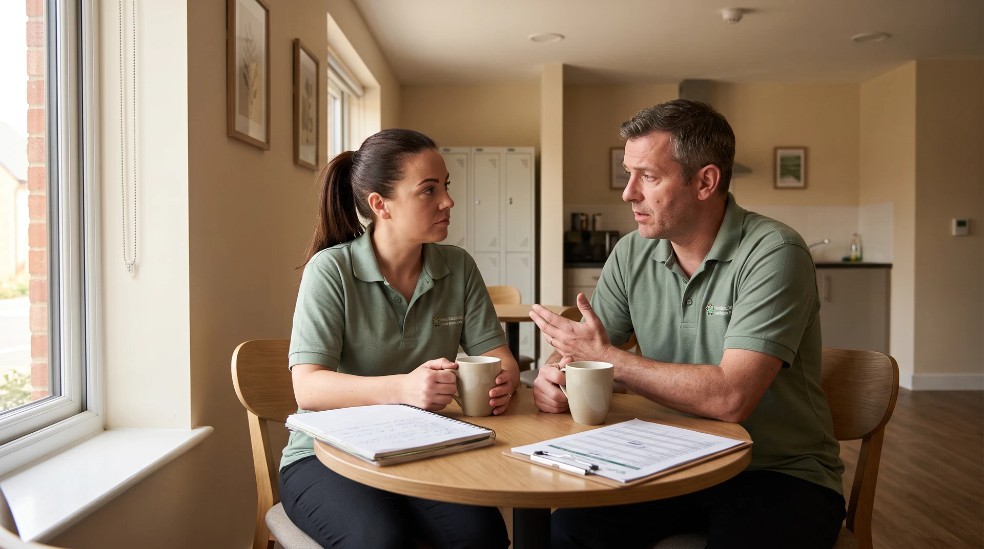 Two care workers in a thoughtful conversation