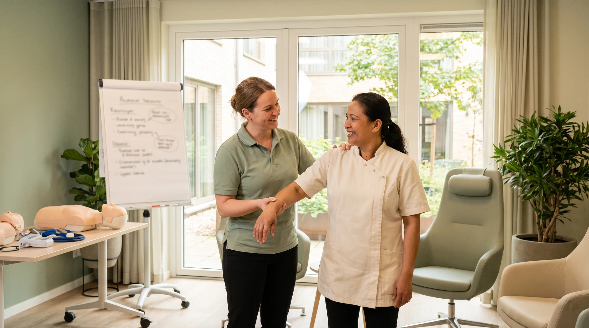 Care workers practising techniques in a training session